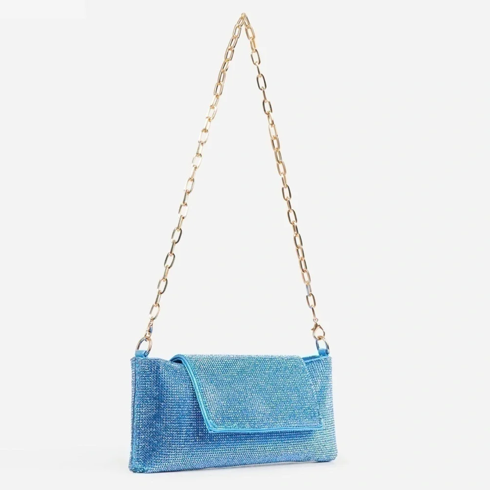 NWT BOXING CHAIN STRAP DETAIL RECTANGLE SHAPED SHOULDER BAG IN BLUE DIAMANTE
